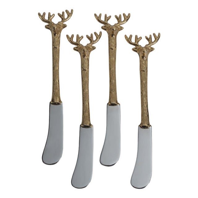 Stag's Head Butter Knives - Set of 4 - Champagne Handle with Polished Head For Sale