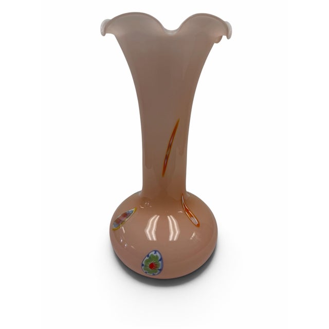 Murano Vintage Italian Lavorazione Arte Murano Cased Glass Ruffled Rim Pink Opaline Vase For Sale - Image 4 of 7