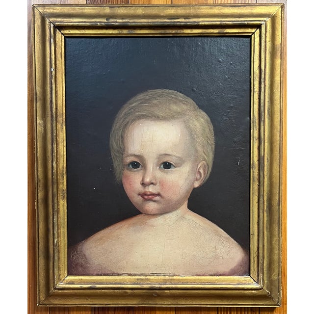 Antique 18th Century English George III Primitive Folk Art Oil Painting - Portrait of a Young Boy in Gilt Wood Frame Circa 1790 For Sale - Image 9 of 12