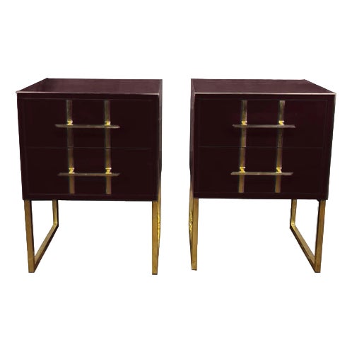 Dark Red Mirrored Glass Bedside Tables with Brass by Justfurnituress, Set of 2 For Sale