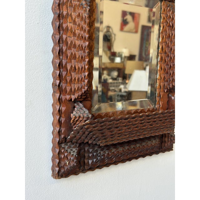 Antique Geometric Chip Carved Wall Pocket / Comb Box With Beveled Glass Mirror, Circa Late 19th Century For Sale - Image 14 of 17