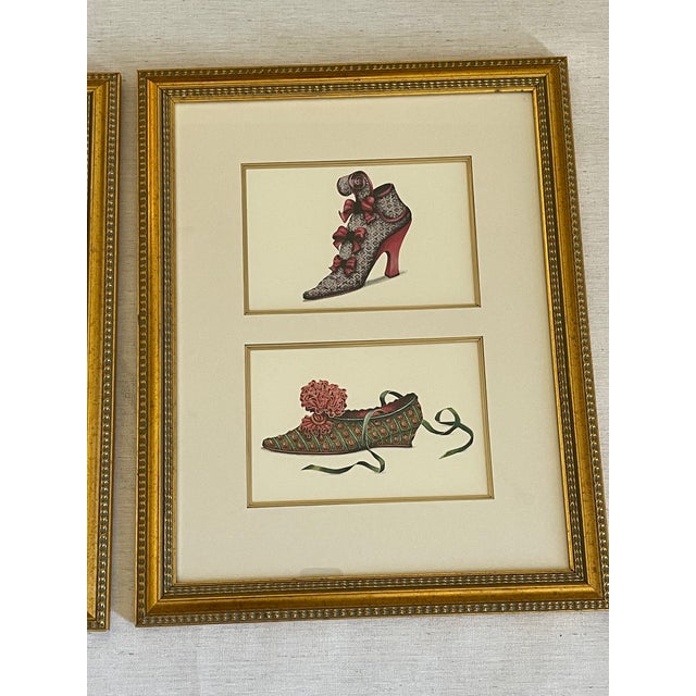 Vintage Antique Chromolithographs in Gold Frames Marie Antoinette Fashion Shoes - A Pair For Sale - Image 4 of 8