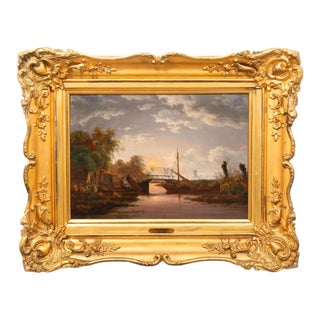 Dutch Moonlit River Landscape Painting by Jacobus Theodorus Abels (1803-66) For Sale