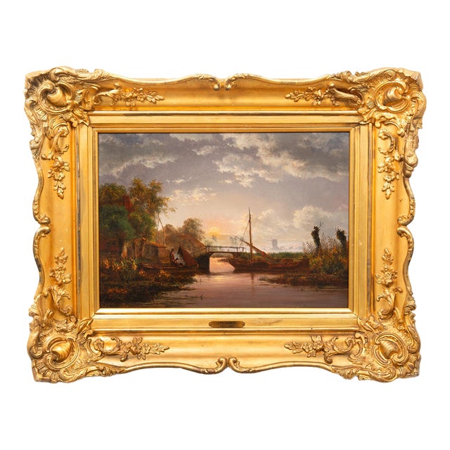 Dutch Moonlit River Landscape Painting by Jacobus Theodorus Abels (1803-66) For Sale