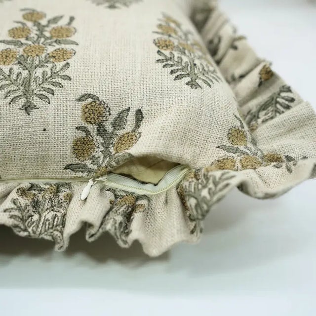 Fabdivine Handcrafted Block Print Frill Cushion Cover Gray 20x20 Inch Thick Linen- Hajara For Sale - Image 4 of 5