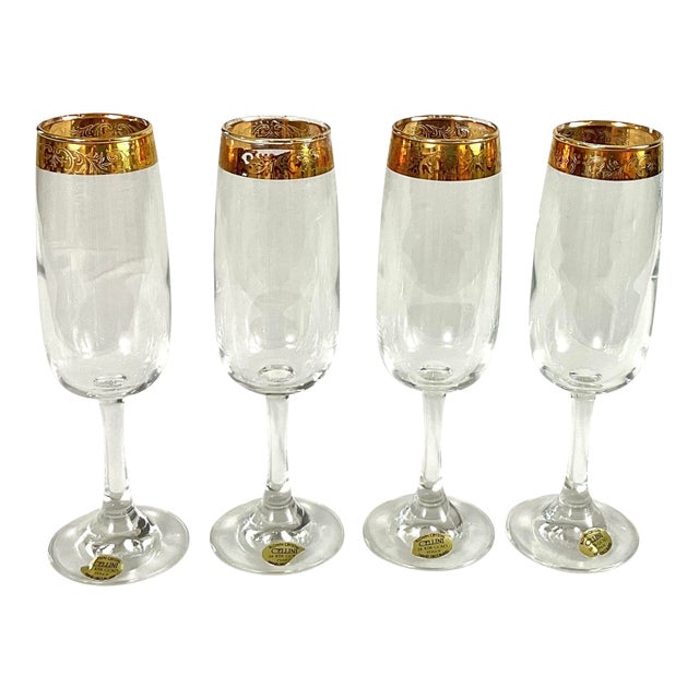 1990s Cellini-Hand Blown 24 Karat Gold Champagne Flutes – Set of 4 For Sale