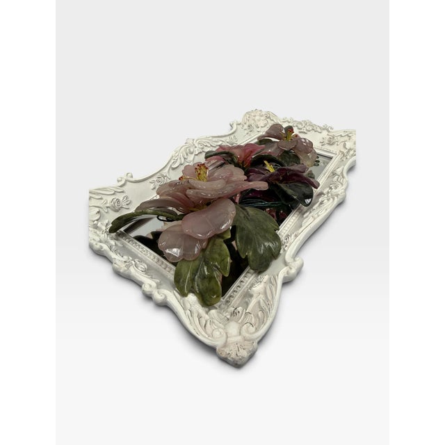 Glass Shabby Chic Rococo Mirrored Dresser Platter & Rose Quartz Glass Flower Decor For Sale - Image 7 of 7
