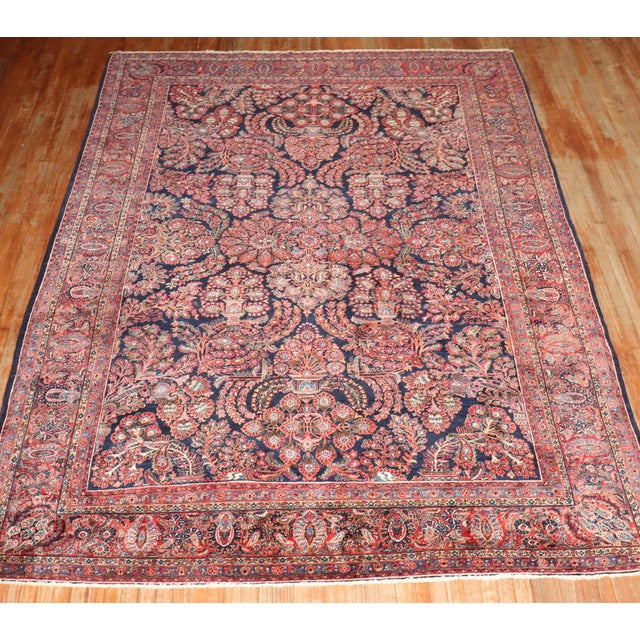 English Early 20th Century Room Size Traditional Zabihi Collection Persian Sarouk Navy Blue Rug - 8'4" x 11'6" For Sale - Image 3 of 9