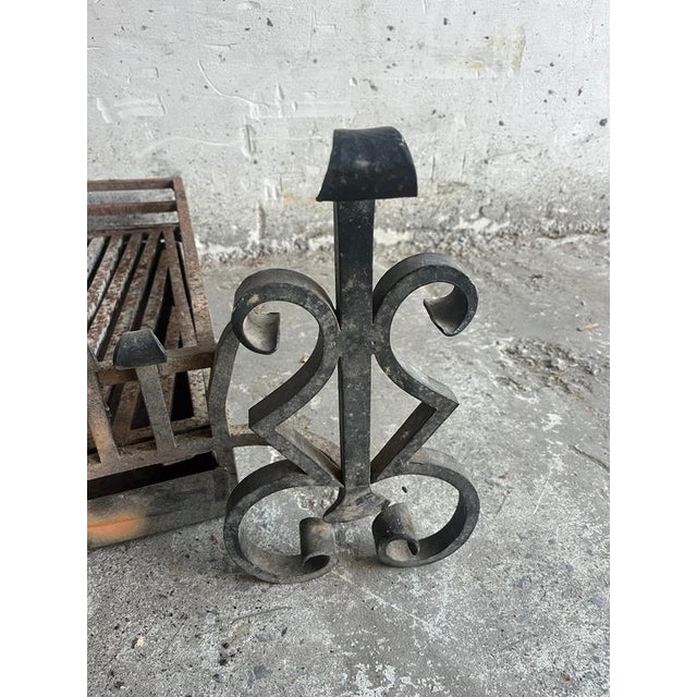 Vintage Wrought Iron Fireplace Grate with Andirons, Set of 3 For Sale - Image 3 of 7