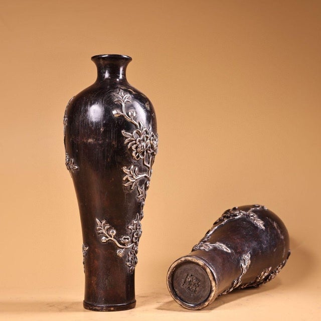 Pair of Vintage Chinese Copper & Silver Repoussé "Magpie & Plum Blossom" Mei Vases - 1120g Total For Sale - Image 10 of 10