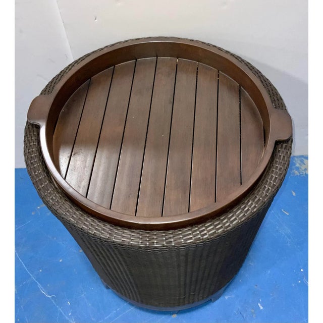 Stylish Modern Chocolate Brown Outdoor Tray Top Side Table, removable metal tray top and base, storage area, showroom...