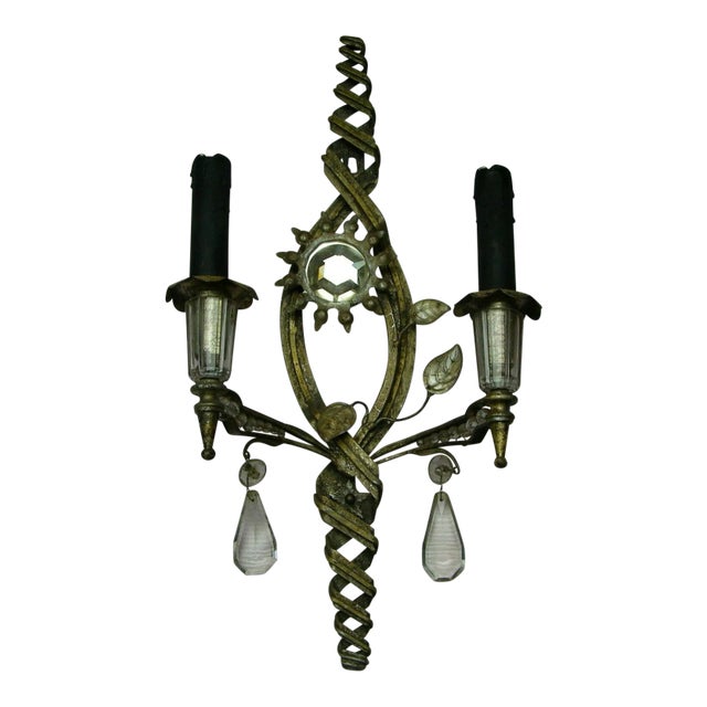 C. 1950's Maison Bagues French Hollywood Regency Silvered Steel & Crystal "Sun & Ray" Sconce For Sale