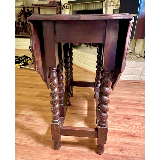 Antique English Oval Drop Leaf Table GateLeg With Scalloped Top Barley Twist Legs For Sale - Image 10 of 12