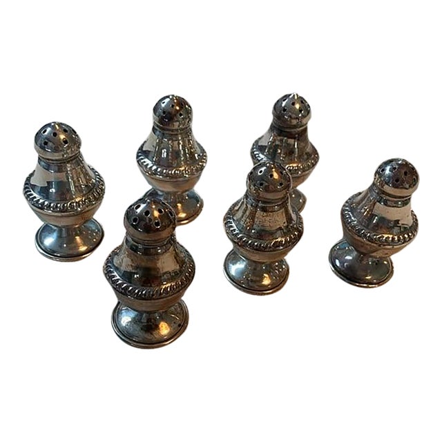 Set of Six Small Silver Salt and Pepper Shakers With Velvet Pouch For Sale