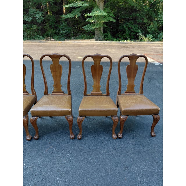 Brown Set of 6 Vintage Queen Anne Style Dining Chairs in Distressed Leather For Sale - Image 8 of 8