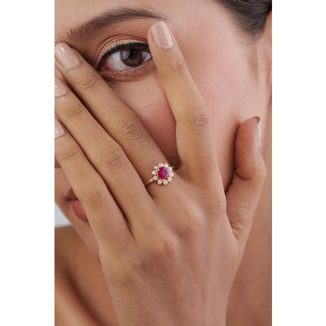 Ruby Red Victorian-Style 14k Yellow Gold 1.04ct Ruby & Diamond Halo Cluster Flower Ring Size 4 For Sale - Image 8 of 16