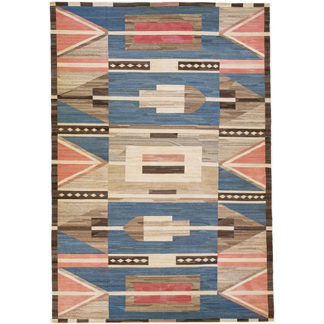 Textile 2020s Multicolor Modern Kilim Wool Rug Flatweave With Geometric Pattern For Sale - Image 7 of 7