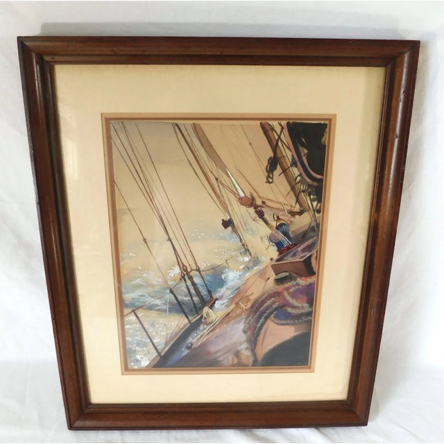 Vintage Original Signed Nautical Seascape Sailboat Watercolor Framed Hanging Wall Art Picture For Sale - Image 4 of 14
