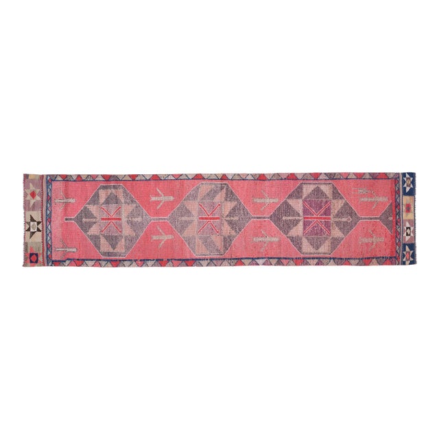Pink Vintage Turkish Oushak Handmade Wool Tribal Runner Rug For Sale