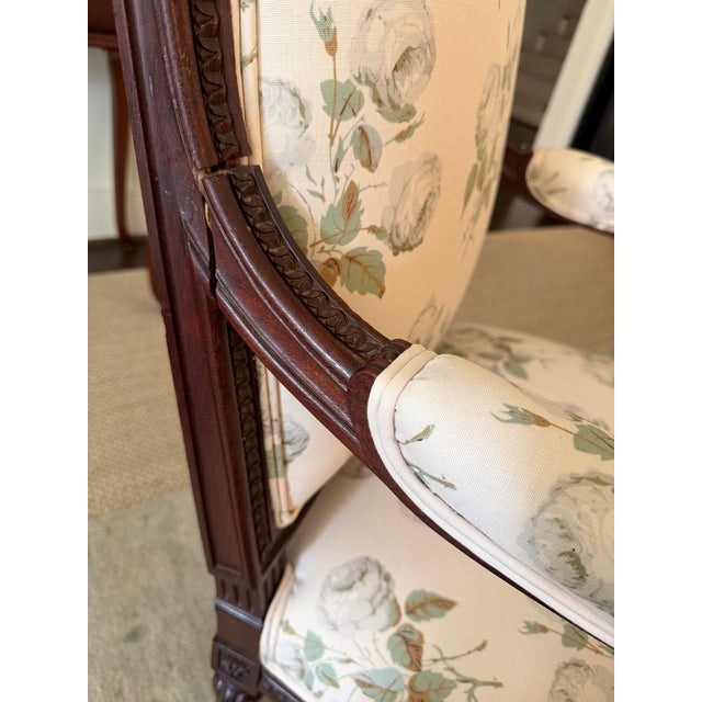 Antique White Vintage Louis XVI French Neoclassical Arm Chairs Newly Upholstered in Bowood Union For Sale - Image 8 of 9