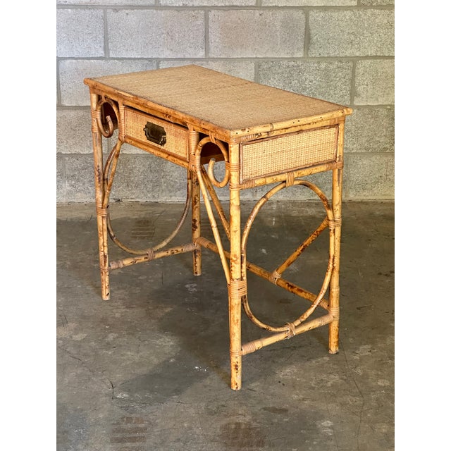 English 1970s British Colonial Style Burnt Bamboo, Cane, and Rattan Desk or Console For Sale - Image 3 of 12
