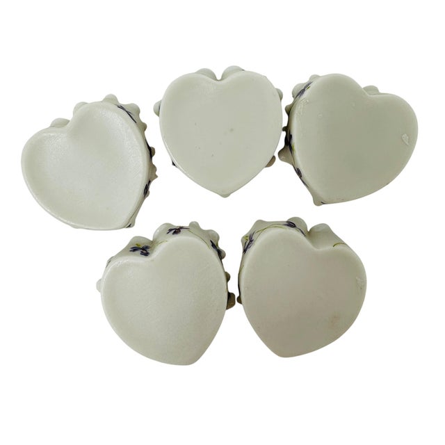 Ceramic Vintage Hand-Painted Violet Porcelain Salt Cellars, Set of 5, Ruffled Gold Trim Mini Dishes, Unmarked Japan, Lefton China Style, Cottagecore Decor For Sale - Image 7 of 8