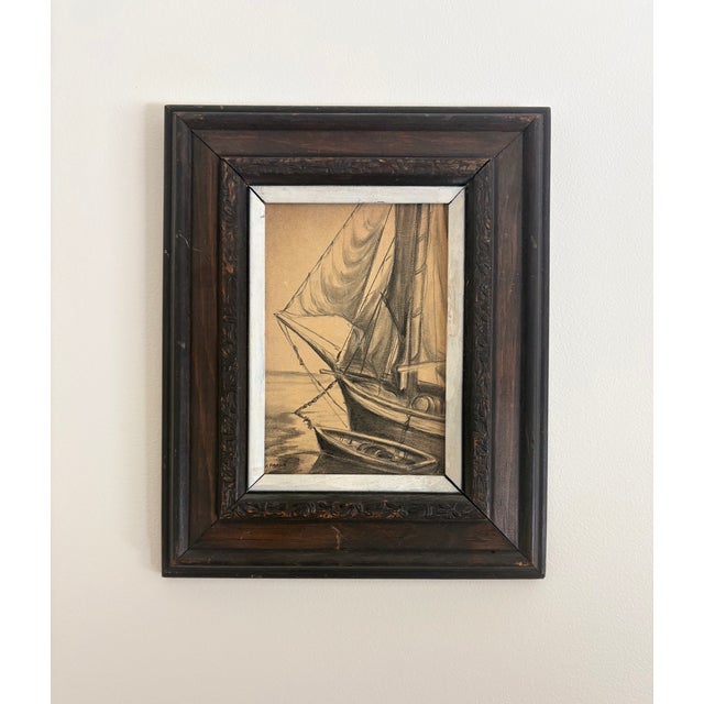 Folk Art Charcoal and Pencil Drawing of S Sailing Ship and Dinghy, Signed by Artist For Sale - Image 9 of 9