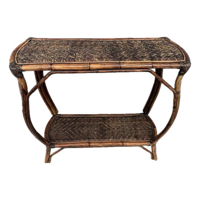 English Mid 20th Century Burn Bamboo & Wicker Console Table For Sale