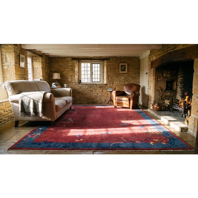 1920s Raspberry Pink Floral Antique Chinese Art Deco Carpet 9'10" X 13'6" Knotted Wool Rug For Sale - Image 12 of 12