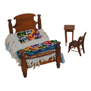 Antique Tiger Maple 3 Piece Doll Size Country Bed & Furniture