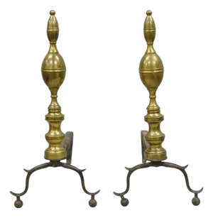 Antique English Federal Brass Branch Leg Cast Iron Fireplace Andirons - A Pair