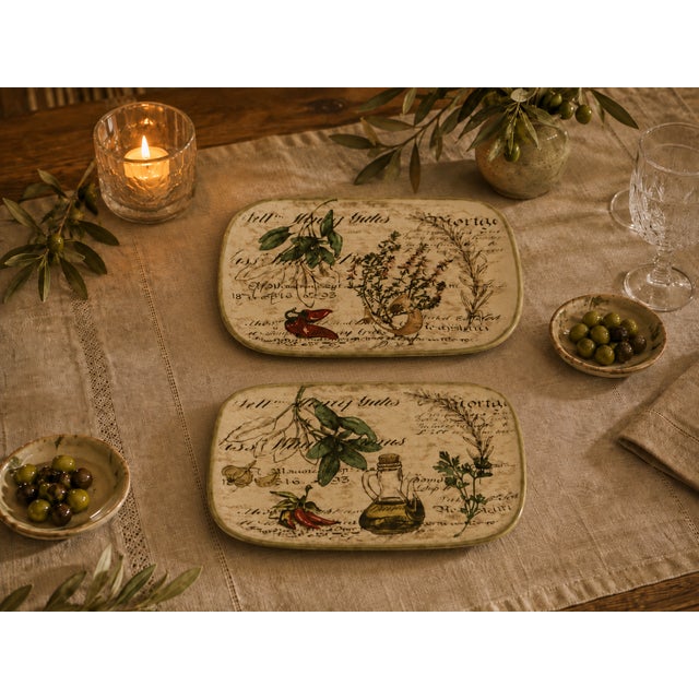 1990s Hand Painted Ceramisia Italy Botanical Herb Plates Set, Tuscan Kitchen Decor - Set of 2 For Sale In Sacramento - Image 6 of 6