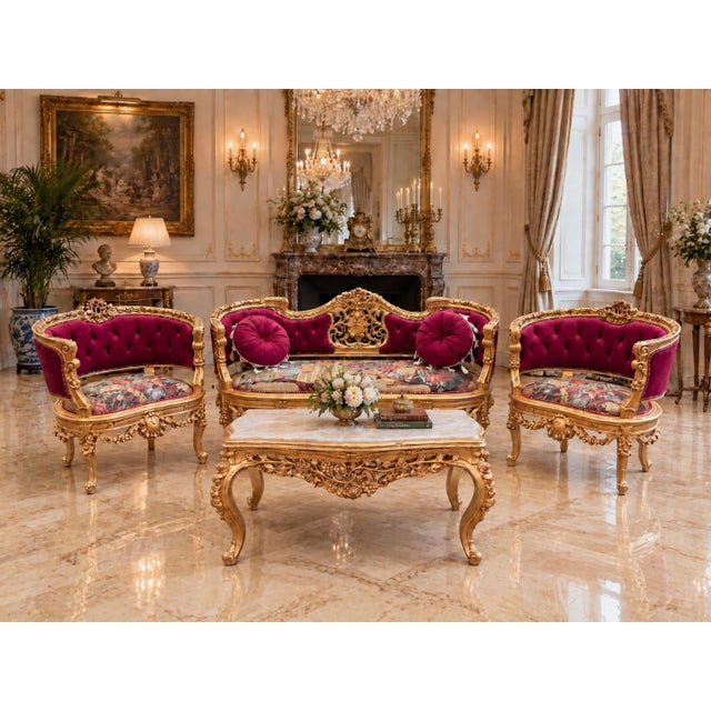 French 1970 French Artisan Louis XVI Gold Burgundy Sofa Set-3 Pc For Sale - Image 3 of 18