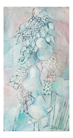 'Garland of Pears in Rose & Blue', Large 1960s Oil