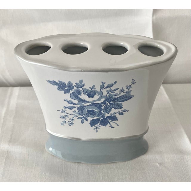 Shabby Chic Vintage Laura Ashley "Sophia" Porcelain Toothbrush Holder With Blue Roses For Sale - Image 3 of 11
