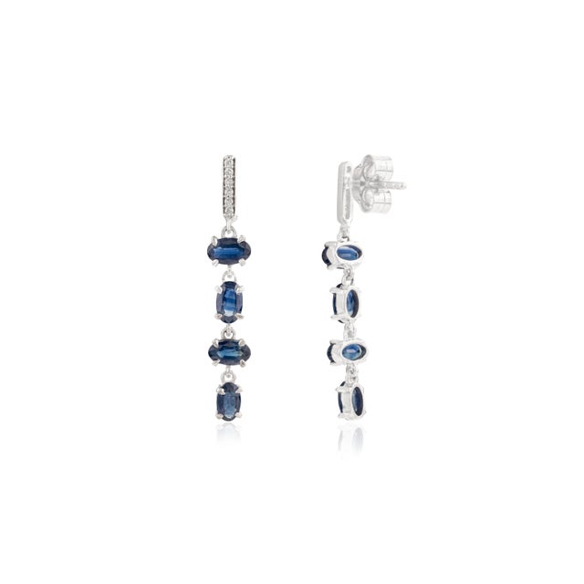 Vintage-Inspired Natural Blue Sapphire & Diamond Drop Earrings in 14k Gold- A Pair For Sale - Image 4 of 12