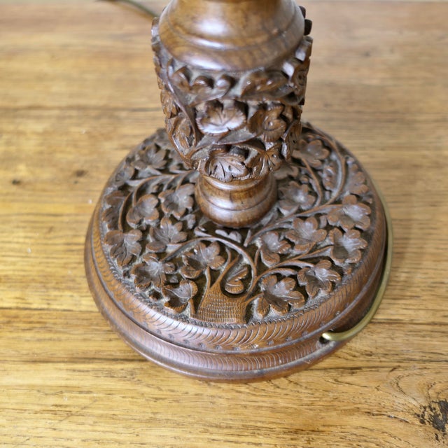 Teak Carved Tree of Life Table Lamps, 1940s, Set of 2 For Sale - Image 9 of 9