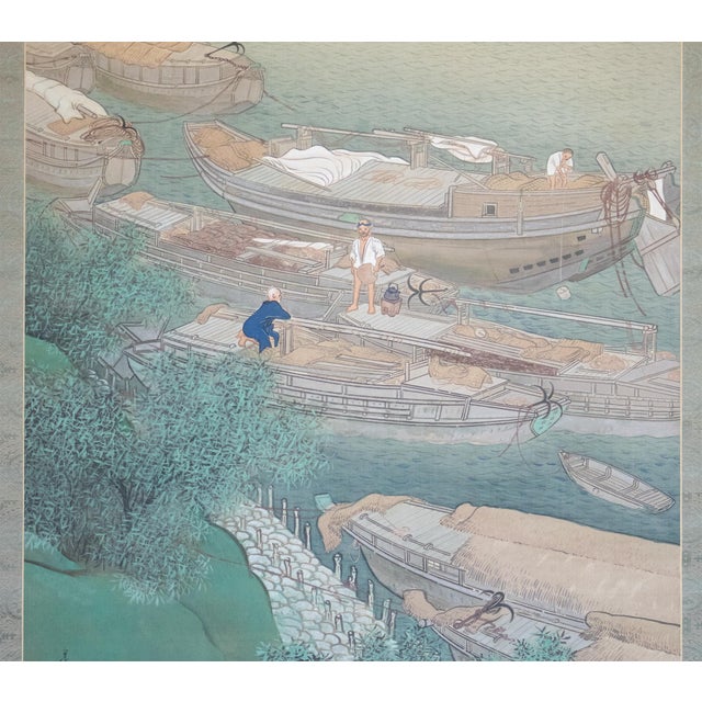 Celadon XXL "Fishing Village" by Yoshika, Taisho Japanese Silk Scroll Painting, in Original Wooden Case For Sale - Image 8 of 18
