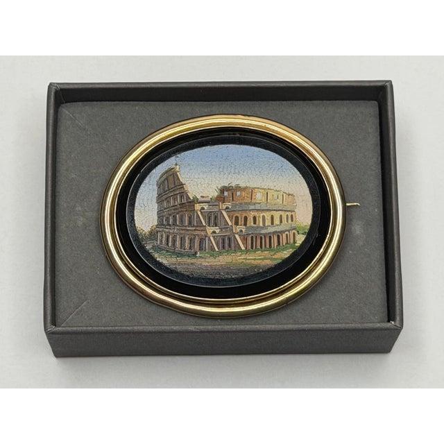 Victorian Grand Tour Italian Micromosaic Yellow Gold Brooch Depicting the Colosseum C1870 For Sale - Image 15 of 18