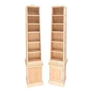 Pair New Unfinished Baker Obelisk Shape Double Sided 360 Degree Walnut Bookcases For Sale