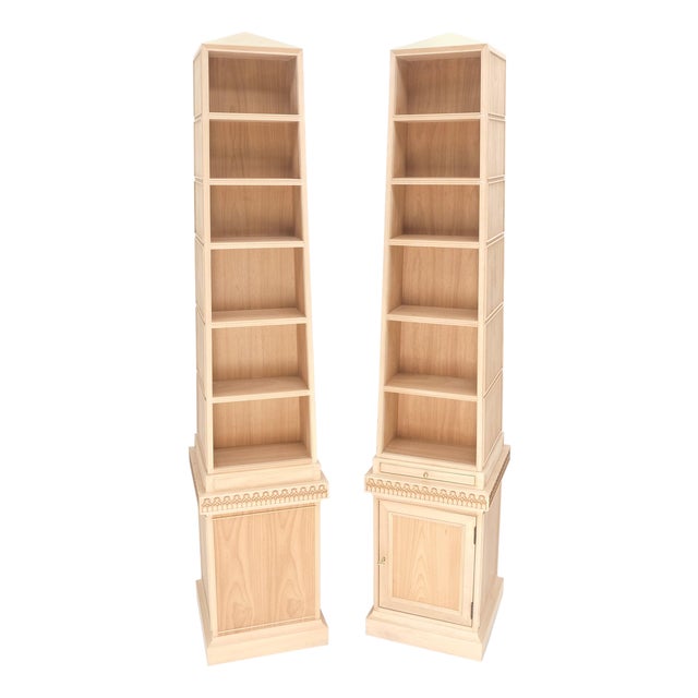 Pair New Unfinished Baker Obelisk Shape Double Sided 360 Degree Walnut Bookcases For Sale