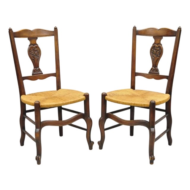 Antique William & Mary Style Carved Walnut Rose Rush Seat Side Chairs - A Pair For Sale