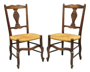 Antique William & Mary Style Carved Walnut Rose Rush Seat Side Chairs - A Pair