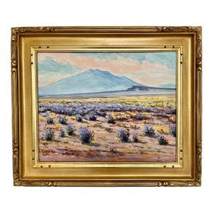Mid 20th Century "Lupine Plain" Desert Mountain Landscape Oil Painting, Framed