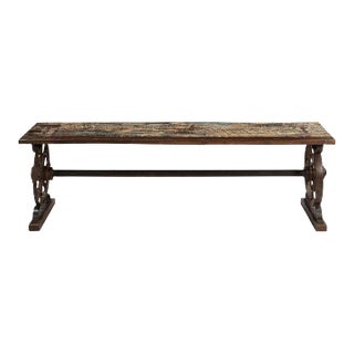 Antique Wheel Repurposed 64” Long Rustic Outdoor Bench For Sale