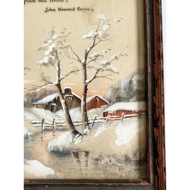Antique Watercolor Painting of Homestead & Barn in Winter W/ Home Sweet Home Poem For Sale In Cleveland - Image 6 of 11