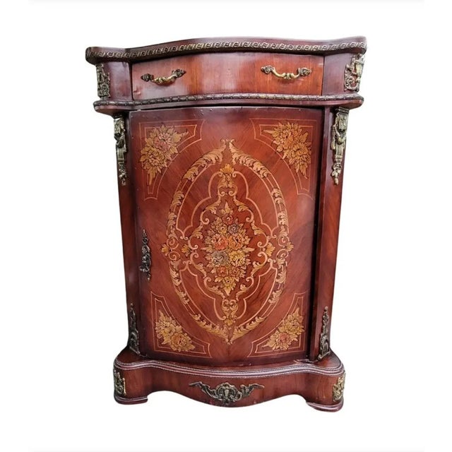 French Continental Mahogany Marquetry and Metal Decorated Side Console Cabinet For Sale - Image 10 of 13