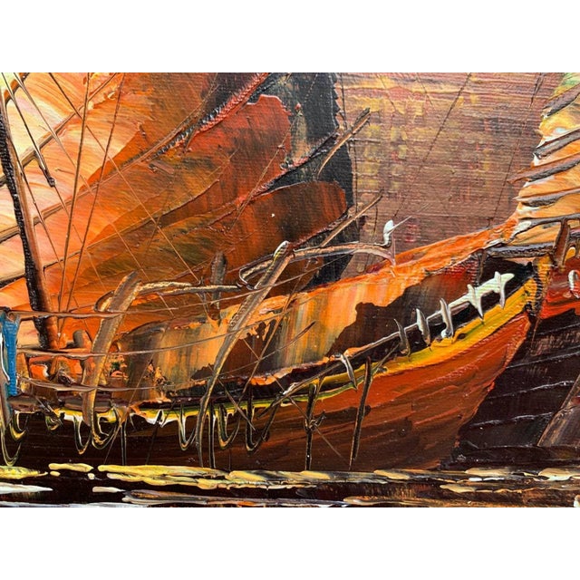 Textile Late 20th Century Stunning Oil Painting on Canvas, Seascape, Sailing Ships at Sunset, Framed For Sale - Image 7 of 12