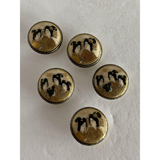 Late Meiji Era Hand Painted Geisha Satsuma Button Set of 5 Circa late 1800s