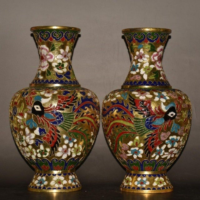 Metal Pair of Vintage Chinese Cloisonné Dragon & Phoenix Vases With Gilded Ground For Sale - Image 7 of 9